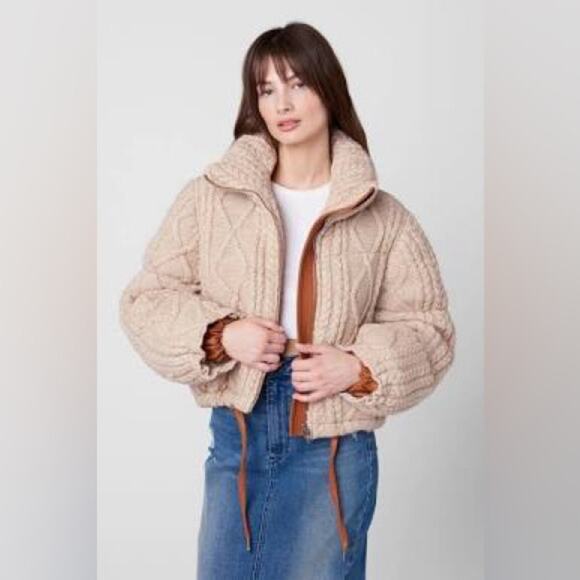 Blank NYC Sweater Puffer Short List Jacket Cable Knit Jacket in Cream Large - Picture 1 of 7